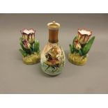 Satsuma pottery sake bottle painted with a warrior on horseback, together with a pair of