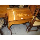 French bleached rosewood floral inlaid bureau de dame with brass galleried back, raised on