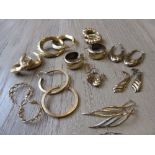 Seven pairs of 9ct gold hoop earrings, together with two pairs of 9ct gold drop earrings and a