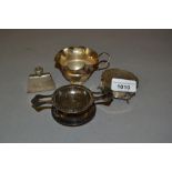 Small silver cream jug, silver tea strainer, miniature Continental silver perfume flask and a