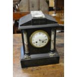 19th Century black slate and marble mantel clock, the enamel circular dial with Roman numerals and