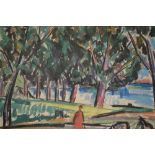 Unframed pastel drawing, figure by a wooded lake, Atelier Pechstein stamp, 19.5ins x 27ins