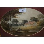18th / 19th Century English school, watercolour, figure on horseback before a timber framed
