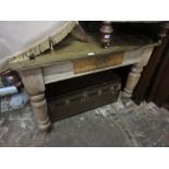 19th Century rectangular pine kitchen table with single drawer on heavily turned tapering