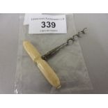 Antique ivory handled and steel corkscrew