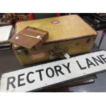 20th Century ' Rectory Lane ' road sign, mounted on wooden backing board and a vintage suitcase with