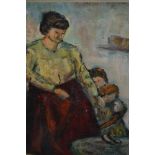 Modern British school oil on card, study of mother with children, indistinctly inscribed verso '