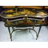 Early 20th Century black chinoiserie decorated kidney shaped dressing table with two frieze