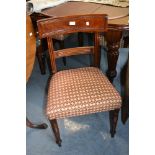 Set of eight (six plus two) George IV mahogany dining chairs with reeded rail backs, overstuffed