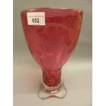 Mid to late 20th Century Bohemian etched cranberry glass pedestal vase, 10ins high