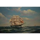 Early 20th Century oil on canvas, three masted sailing ship in heavy seas, signed indistinctly,
