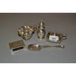 Small silver cream jug, silver match box cover, silver mustard, silver spoon in antique style and