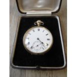 Early 20th Century 9ct gold cased crown wind open face pocket watch, the enamel dial with Roman