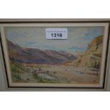 19th Century English school, watercolour, shepherd in an Alpine valley, Northern Italy, signed