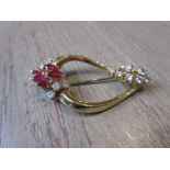 18ct Yellow gold diamond and ruby set brooch