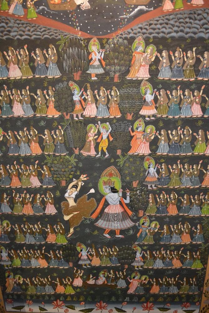 Large Indian painted fabric panel depicting a ceremonial scene, 68ins x 46ins, framed