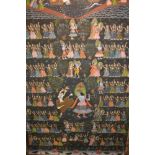 Large Indian painted fabric panel depicting a ceremonial scene, 68ins x 46ins, framed