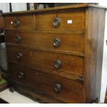 19th Century oak straight front chest of two short and three long drawers with later brass ring