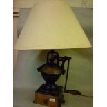 Large 19th Century French cast iron and wooden coffee grinder converted to a table lamp