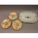 Set of three 19th Century French Majolica pottery plates together with a French Faience meat dish (
