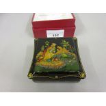 Russian square papier mache box, the hinged cover painted with Princess and the Frog