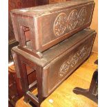 Arts and Crafts oak four tier Sutherland table carved with Celtic emblems