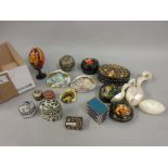 Small group of enamel and other trinket boxes, two oriental painted shells and other miniature items