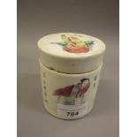 Chinese porcelain cylindrical pot and cover painted with figures and character marks (chip to cover)