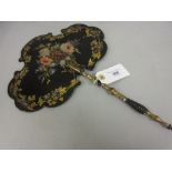 19th Century black papier mache hand screen with gilded and flower decoration This is hand painted