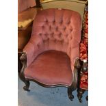 Victorian pink button upholstered spoon back armchair, raised on carved mahogany cabriole front