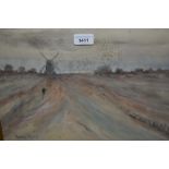 Gilt framed watercolour, landscape with figures approaching a distant windmill, indistinctly signed,
