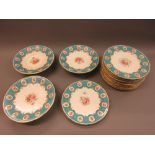 19th Century Minton seventeen piece dessert service painted with floral sprigs within a turquoise