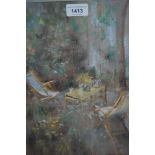 Jane Camp signed pastel drawing, garden scene with deck chairs, 14ins x 11ins