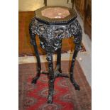 19th Century Chinese carved hardwood vase stand with hexagonal marble inset top Marble in good