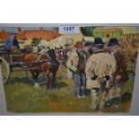 R. Mann, mixed media, figures at a horse fair, signed R. Mann, 7.75ins x 10.5ins, framed