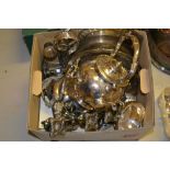 19th Century silver plated spirit kettle on stand, two plated salvers and miscellaneous other