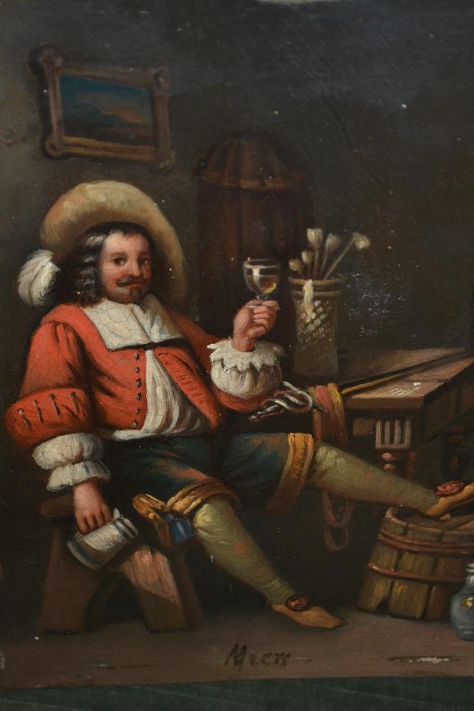 Pair of unframed oils on metal panels, interior scenes with seated 17th Century gentleman , both