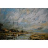 John Rohda, oil on board, view of moored boats on Blakeney beach, Norfolk, signed, 15.5ins x