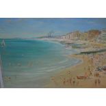 20th Century oil on board, extensive beach scene with figures (possibly Brighton), indistinctly