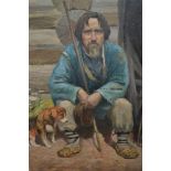 Russian School oil on canvas, portrait of a seated gentleman with his dog, inscribed verso, 19ins
