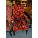 Victorian rosewood open armchair, the button upholstered back with barley twist frame above padded