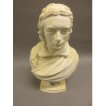 Plaster head and shoulder bust, possibly of Keats, inscribed verso, ' Published by Mrs Dowell,