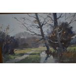 Norman Battershill, signed oil on board, rural landscape with path by a stream, 6.5ins x 9ins