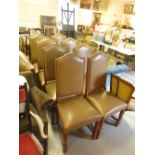 Set of eight 20th Century oak leather upholstered dining chairs on turned supports with stretchers