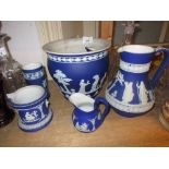 Wedgwood Jasperware blue and white jardiniere decorated with classical figures, together with a