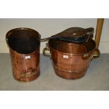 Copper log bin, a coal scuttle, pair of bellows and other metalware