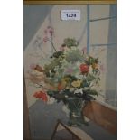 Watercolour and gouache, vase of flowers by a window, monogrammed E. A., 14ins x 10ins