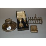 Large silver capstan inkwell, Chester silver six division toast rack, boxed silver Christening set