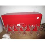 Set of six small Baccarat wine glasses in a later Baccarat box 12cms tall. Not signed. Minor