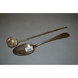 Scottish silver ladle inset with a Dundee silver coin and a white metal tablespoon, marked